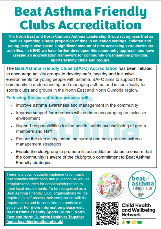 Beat Asthma Friendly clubs accreditation flyer